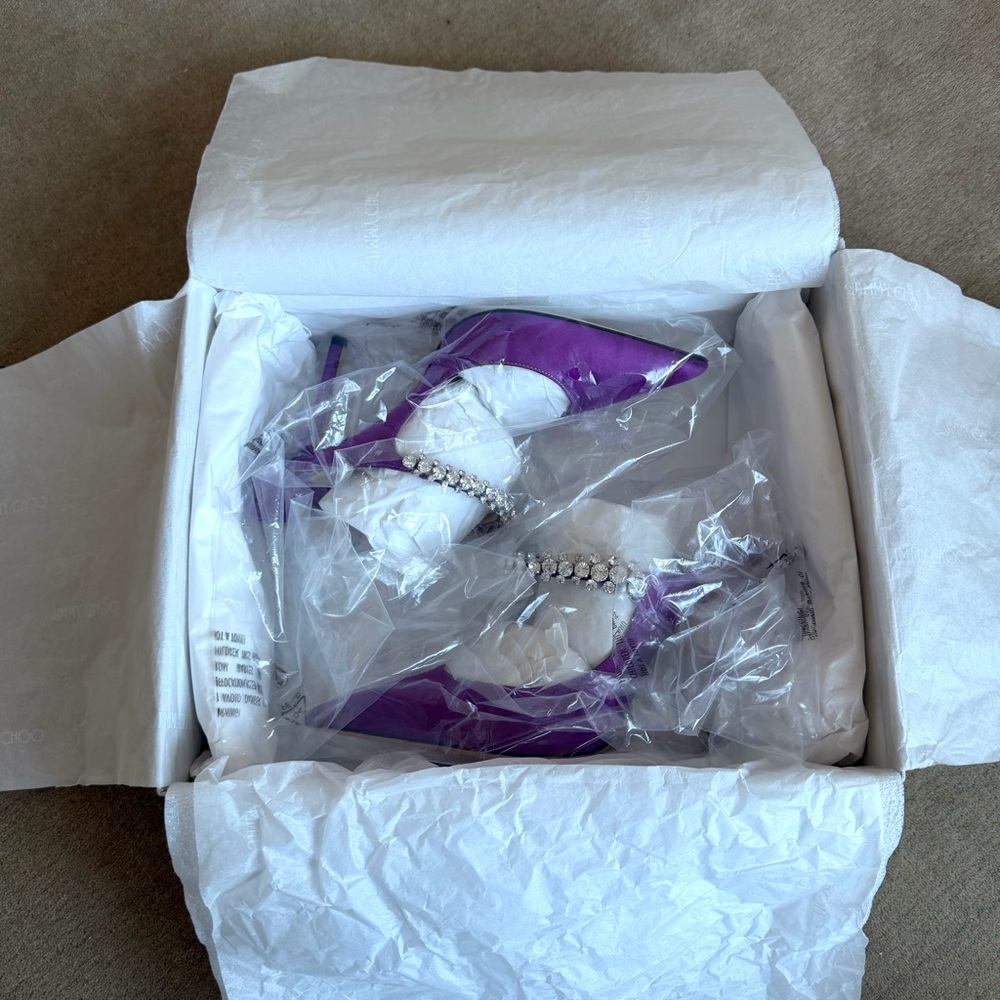 Jimmy Choo Bing 100 Satin Mules With Crystal Strap in pink violet, size 37, NEW - Picture 6 of 9